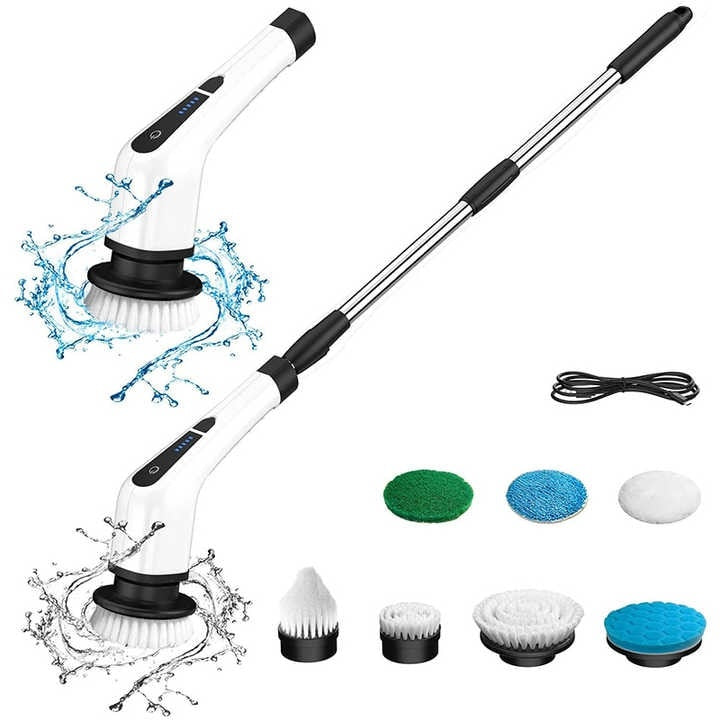 Perie de Curatenie Electrica Reincarcabila, 9 Capete, 2 Trepte de Viteza, Maner Lung 137 cm, USB Type-C, 2500mAh
