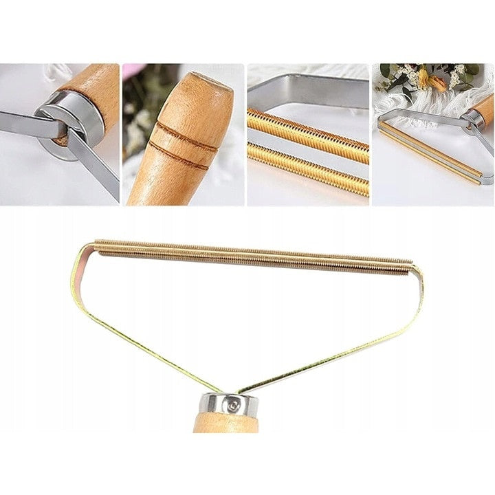 Perie pentru indepartarea scamelor si parului de animale, din metal, cu maner de lemn, dimensiuni 15x12.5x1cm, argintiu