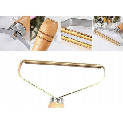 Perie pentru indepartarea scamelor si parului de animale, din metal, cu maner de lemn, dimensiuni 15x12.5x1cm, argintiu