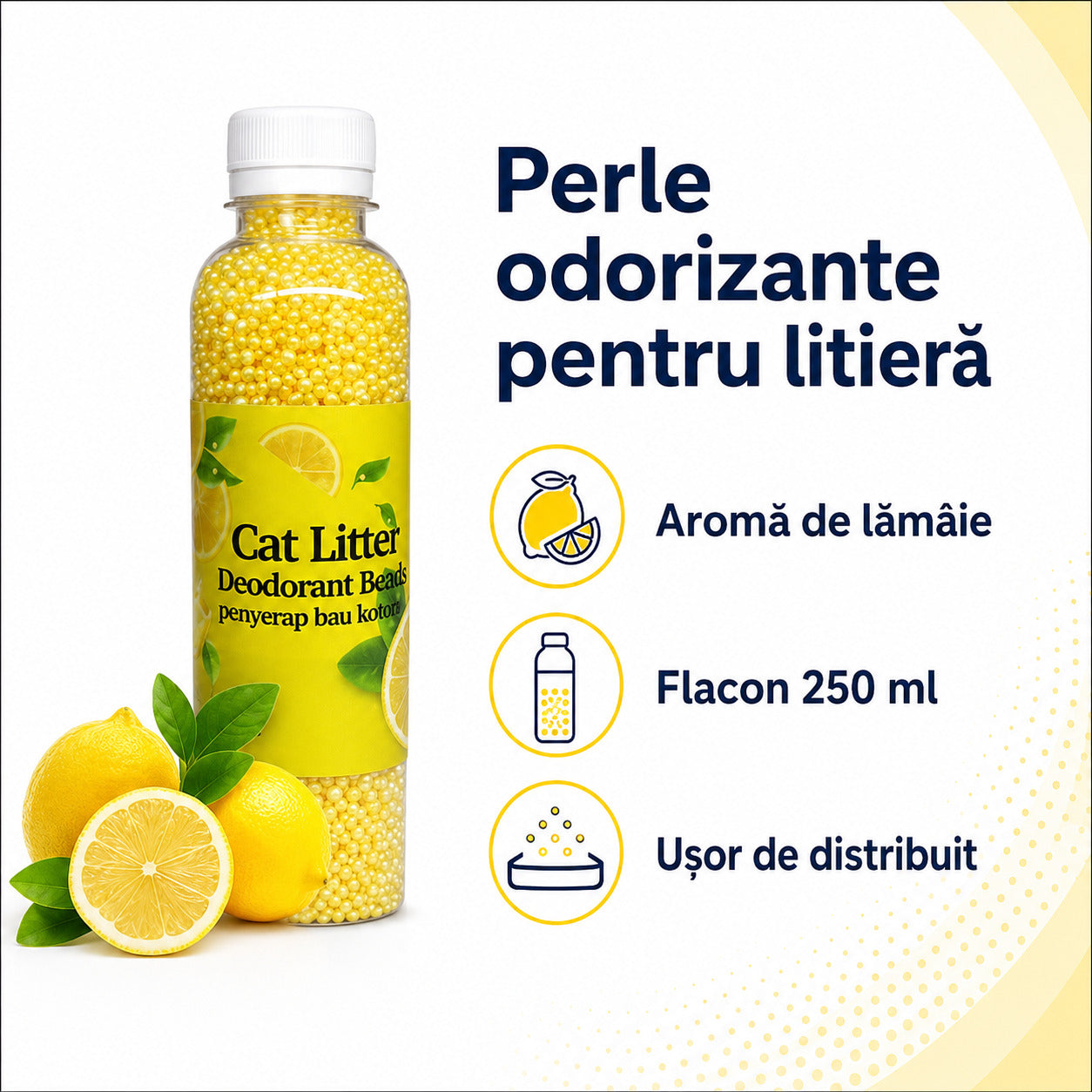 Perle Odorizante pentru Litiera Pisicii, Aromă de Lămâie, 250 ml – imagine 3