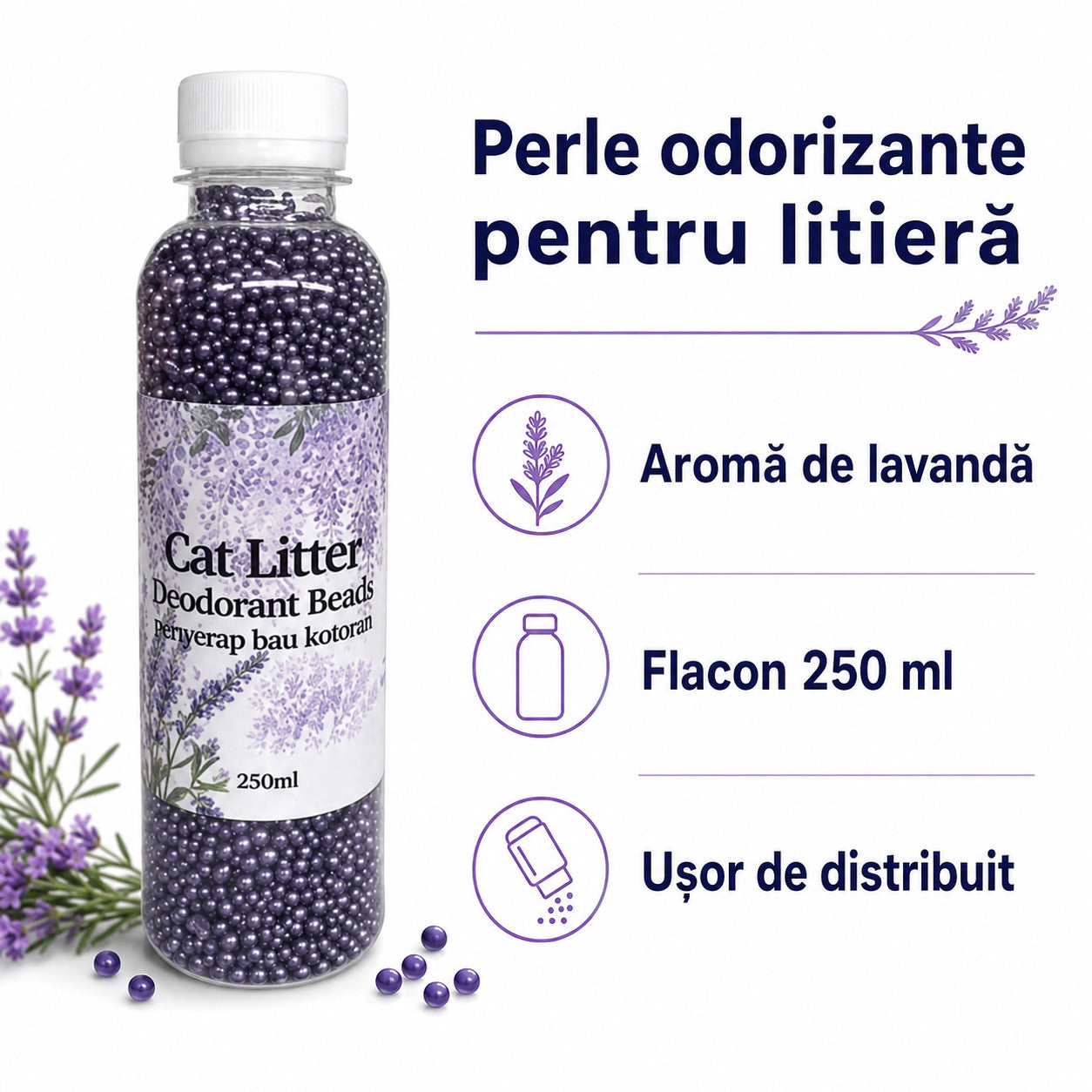 Perle Odorizante pentru Litiera Pisicii, Aromă de Lavandă, 250 ml – imagine 3