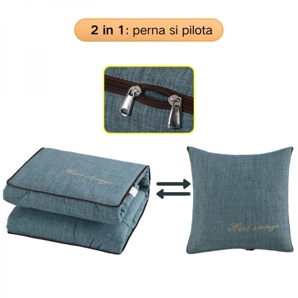 Perna si pilota, 2 in 1, dimensiuni 40 x 40 x 10 cm sau 110 x 150 cm, din material textil, cu 2 fermoare metalice bidirectionale, pentru auto, birou, living, voiaj, verde