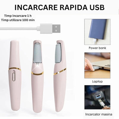 Pila pentru talpi si calcaie, electrica, incarcare USB, cu periuta de curatare, 2 viteze de functionare, lumina LED, alb/roz