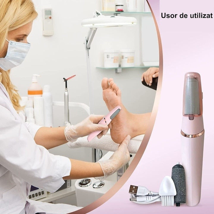 Pila pentru talpi si calcaie, electrica, incarcare USB, cu periuta de curatare, 2 viteze de functionare, lumina LED, alb/roz