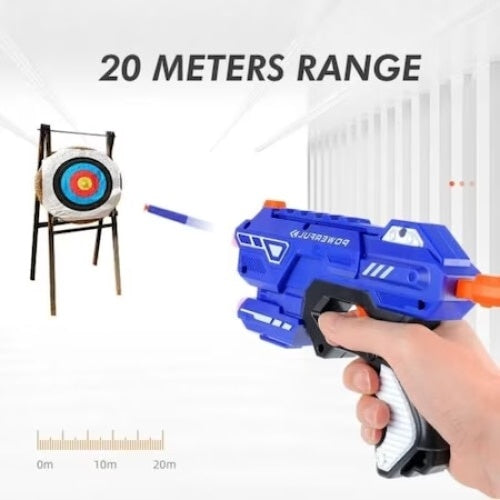 Pistol cu gloante din burete, confectionat din materiale durabile si sigure, actionare mecanica, fara baterii, albastru