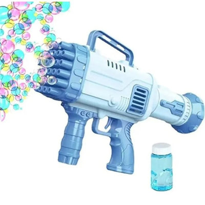 Pistol de facut baloane de sapun, cu rezervor de lichid, 32 de duze de evacuare, alimentare cu baterii, 27, 5 cm x 15, 5 cm x 7, 5 cm, albastru