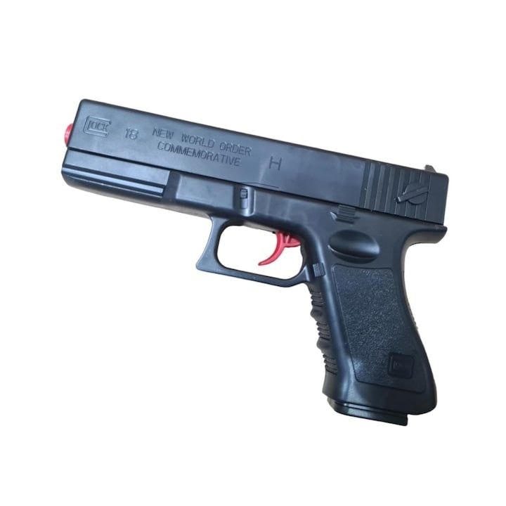 Pistol de jucarie, cu arc, din plastic, ncarcare manuala, 18 cm, 3 gloante moi din spuma cu ventuza, bile de gel si bile flexibile de silicon, negru