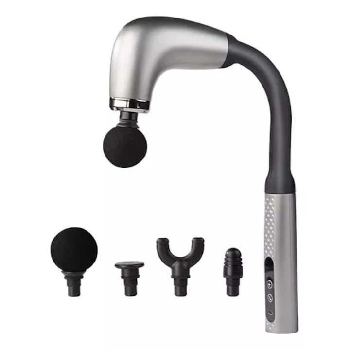 Pistol de masaj cu maner extins, 4 capete de masaj, 9 viteze, pentru umeri si spate, masaj cu vibratii, negru/gri