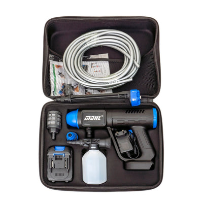 Pistol de spalat cu acumulator, presiune reglabila si furtun 10m, afisaj LCD