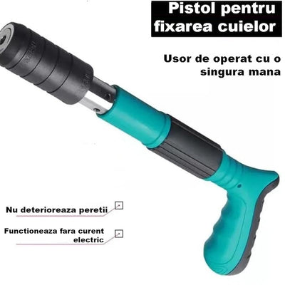 Pistol manual pentru fixarea cuielor/niturilor in perete, lungime 30 cm, calibru 7.3 cm, pneumatic, cu accesorii, ochelari de protectie si cutie transport, negru/verde