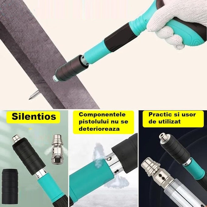 Pistol manual pentru fixarea cuielor/niturilor in perete, lungime 30 cm, calibru 7.3 cm, pneumatic, cu accesorii, ochelari de protectie si cutie transport, negru/verde