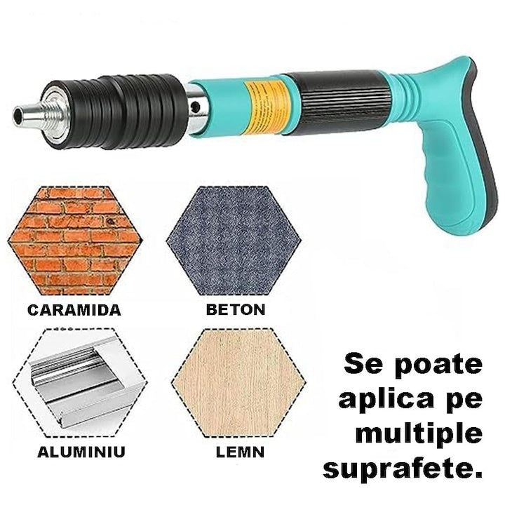 Pistol manual pentru fixarea cuielor/niturilor in perete, lungime 30 cm, calibru 7.3 cm, pneumatic, cu accesorii, ochelari de protectie si cutie transport, negru/verde