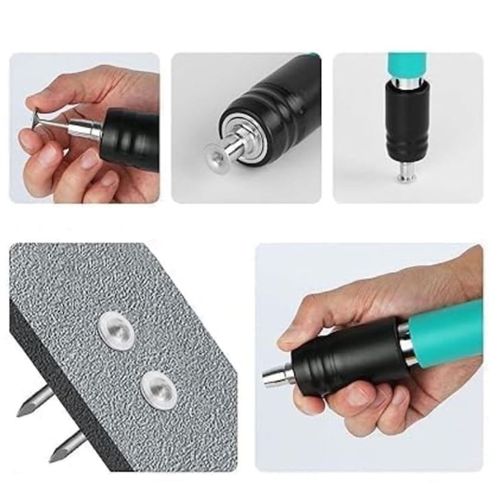 Pistol manual pentru fixarea cuielor/niturilor in perete, lungime 30 cm, calibru 7.3 cm, pneumatic, cu accesorii, ochelari de protectie si cutie transport, negru/verde