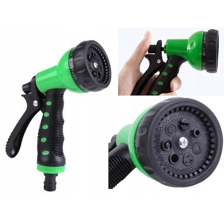 Pistol pentru stropit de gradina, cu 8 functii pentru reglarea jetului de apa, din plastic rezistent, verde/negru