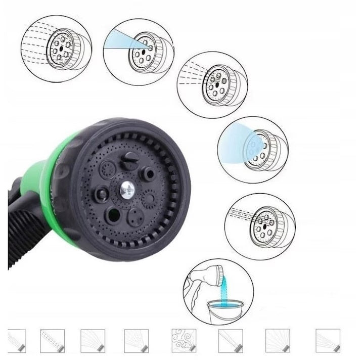 Pistol pentru stropit de gradina, cu 8 functii pentru reglarea jetului de apa, din plastic rezistent, verde/negru