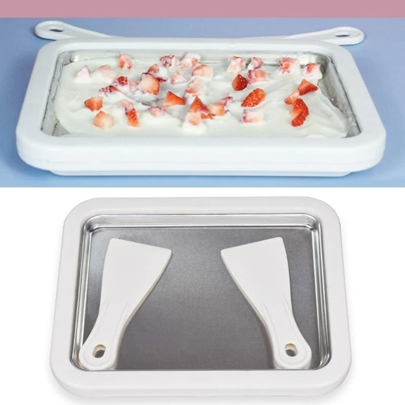 Placa pentru inghetata cu 2 spatule pentru copii, Inox, Alb