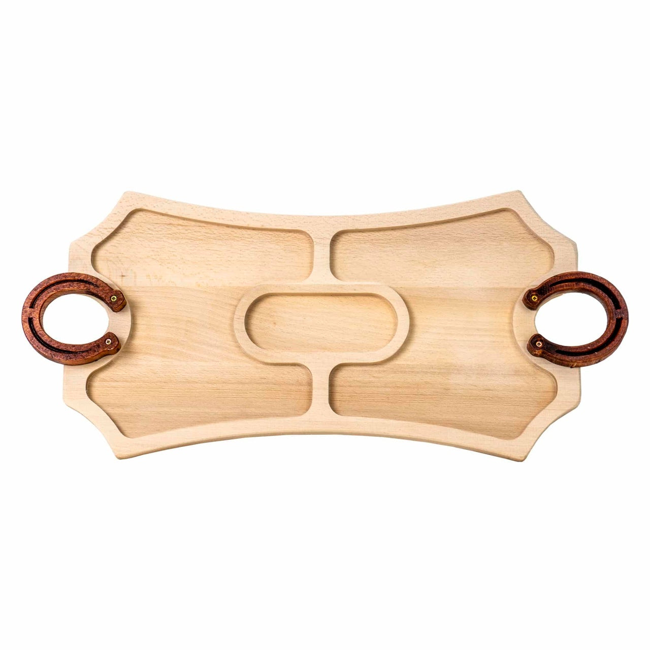 Platou de lemn compartimentat cu maner potcoava 56x25.5 cm pentru servire