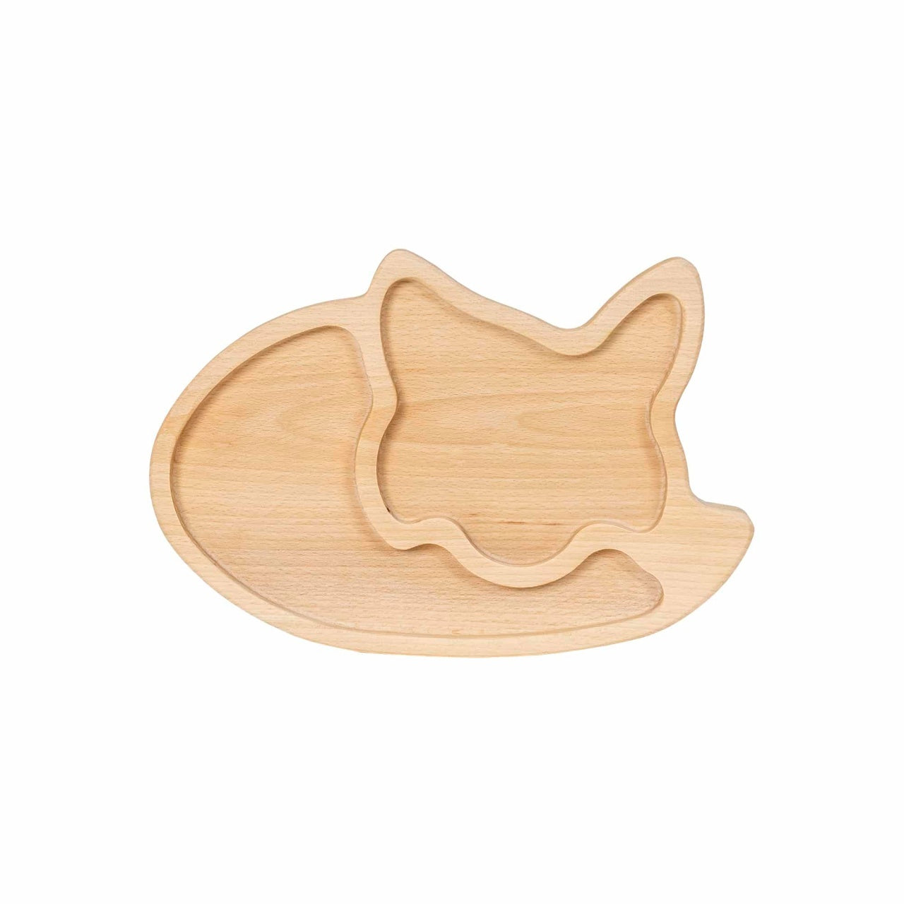 Platou din lemn fag pentru copii, forma pisica, 29x20x2cm, 2 compartimente