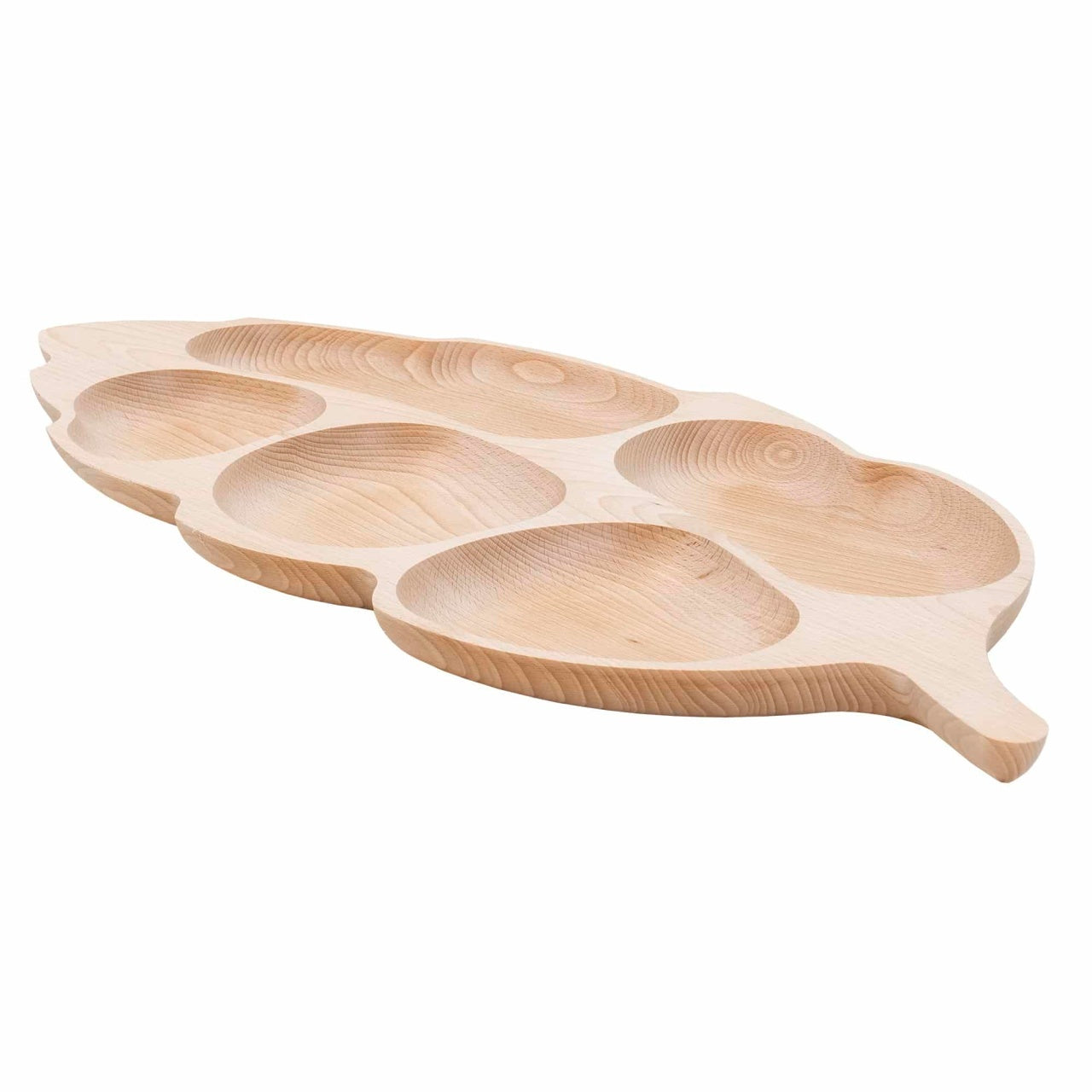 Platou servire din lemn fag in forma frunza, 5 compartimente, 71x32 cm