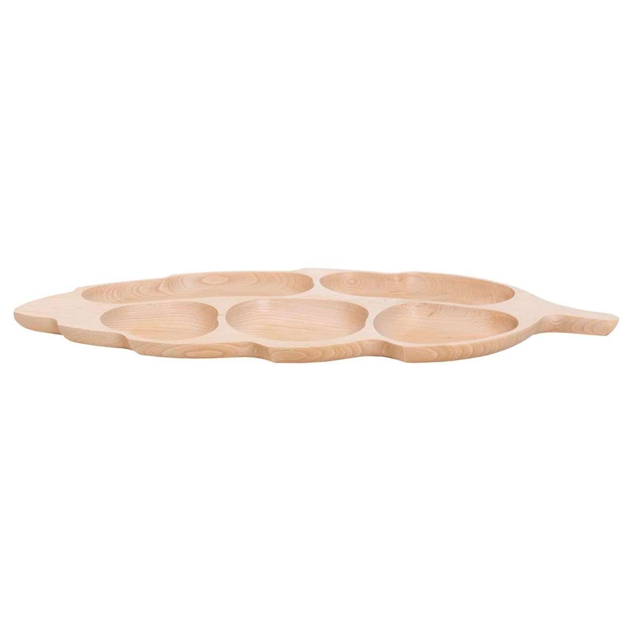 Platou servire din lemn fag in forma frunza, 5 compartimente, 71x32 cm