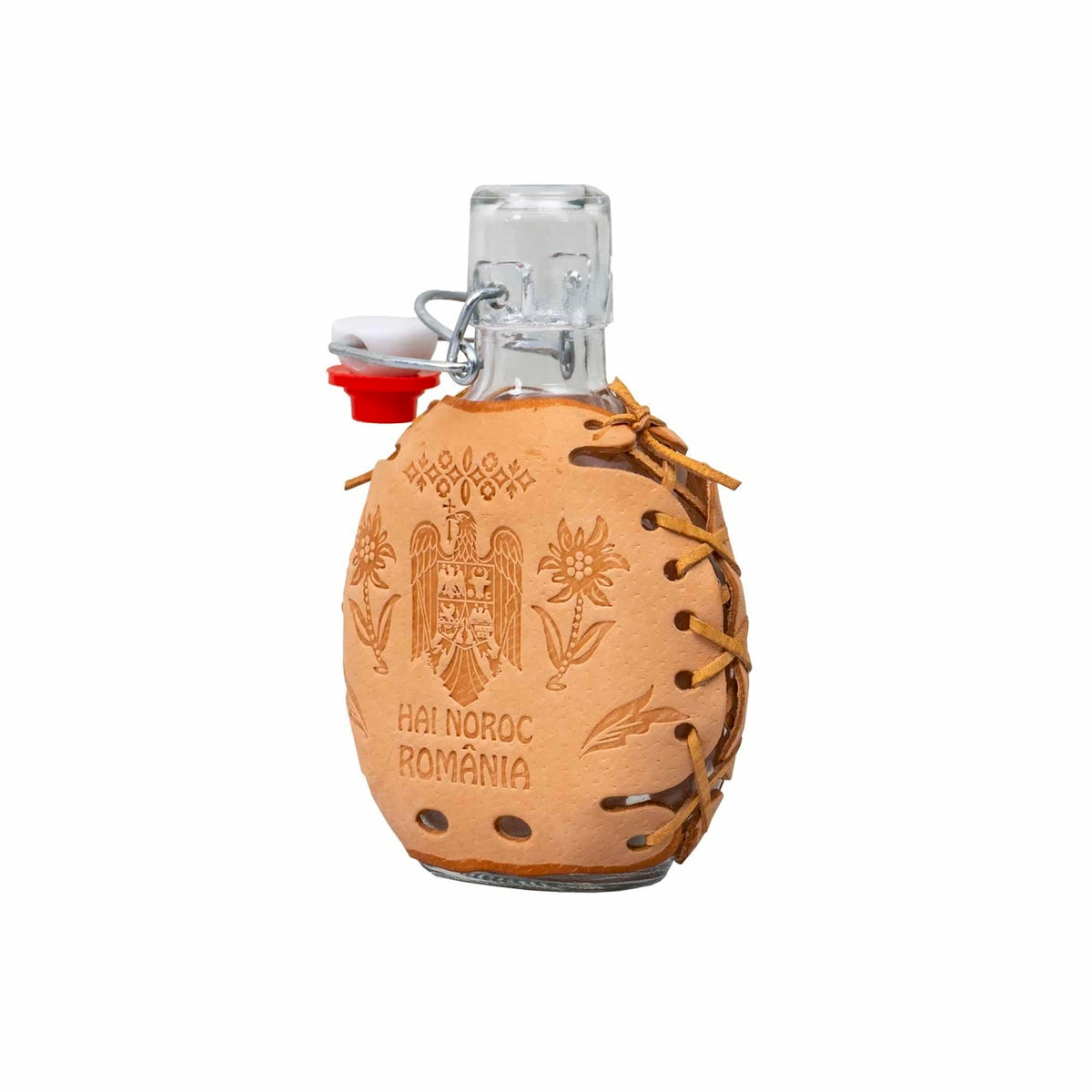 Plosca sticla cu husa piele naturala, capacitate 200ml, dop silicon