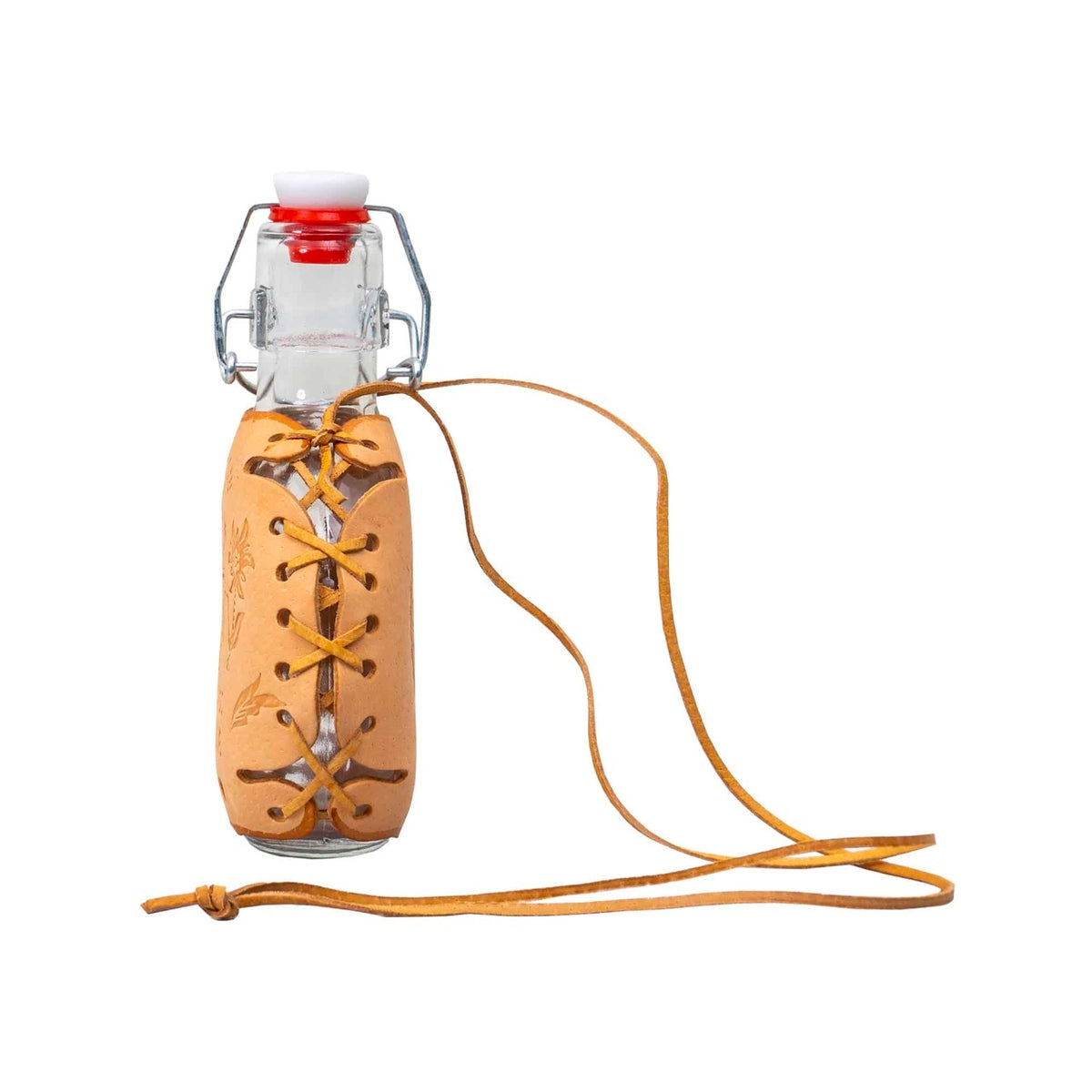 Plosca sticla cu husa piele naturala, capacitate 200ml, dop silicon