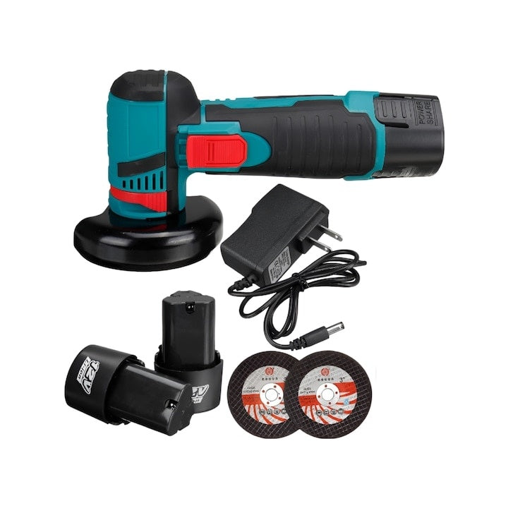 Polizor unghiular electric cu 2 acumulatori de 12V si 2 discuri, portabil, putere 750W, 19500 rpm, cu statie de incarcare, negru