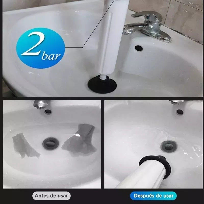 Pompa cu aer comprimat pentru desfundat toaleta si tevile de la dus si cada, cu 4 accesorii, din ABS, alb