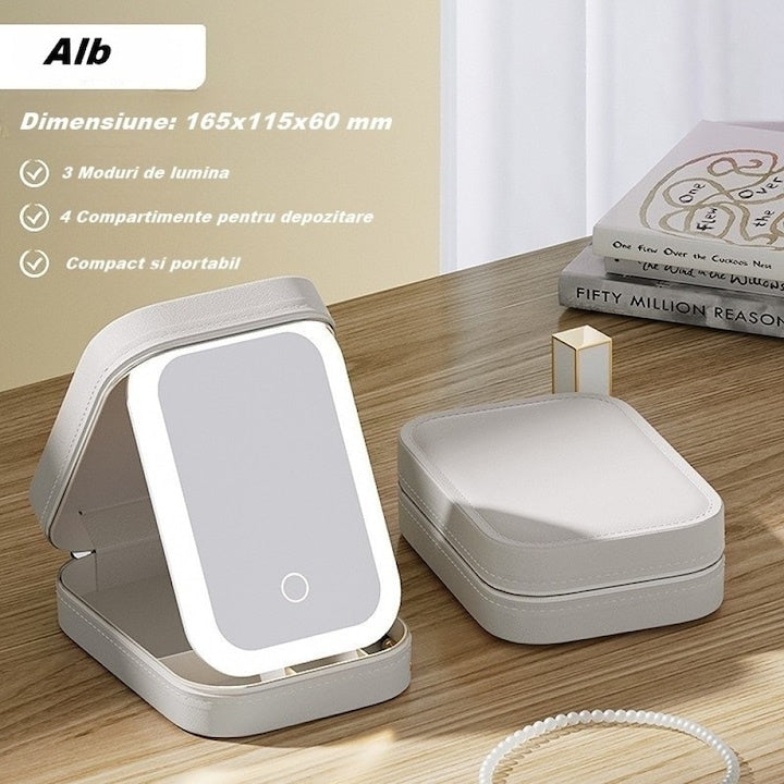 Portfard pentru cosmetice cu oglinda led, 3 modele de lumina, incarcare USB, compartimentat, imitatie piele, dimensiuni 16.5x11.5x6 cm, alb