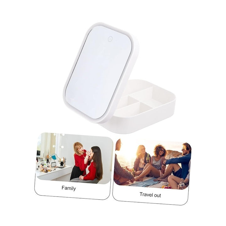 Portfard pentru cosmetice cu oglinda led, 3 modele de lumina, incarcare USB, compartimentat, imitatie piele, dimensiuni 16.5x11.5x6 cm, alb