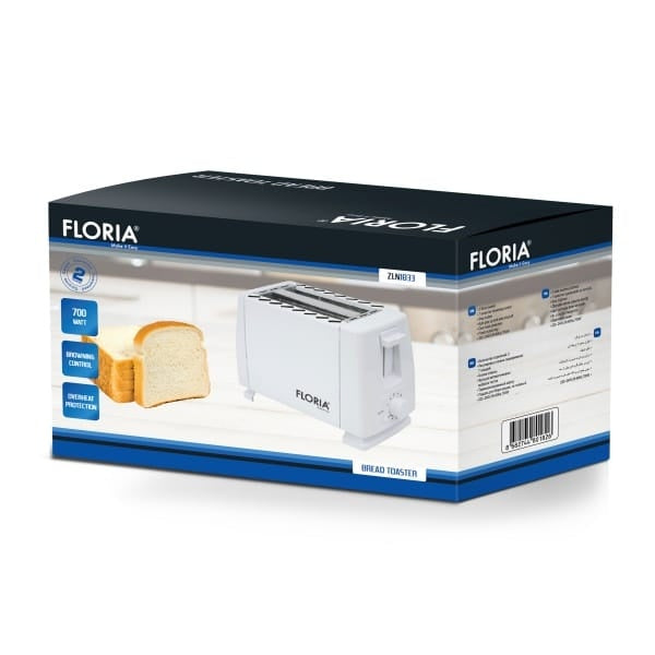 Prajitor de paine 700W, 2 felii, 7 nivele temperatura, buton oprire, carcasa inox alb
