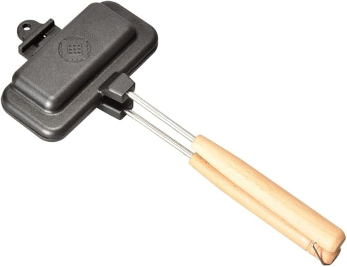 Prajitor de paine si sandvișuri manual, din metal, cu manere din lemn, cu placi antiaderente, utilizat pe aragaz, negru