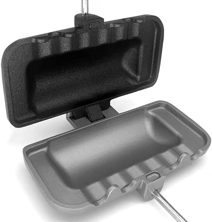 Prajitor de paine si sandvișuri manual, din metal, cu manere din lemn, cu placi antiaderente, utilizat pe aragaz, negru
