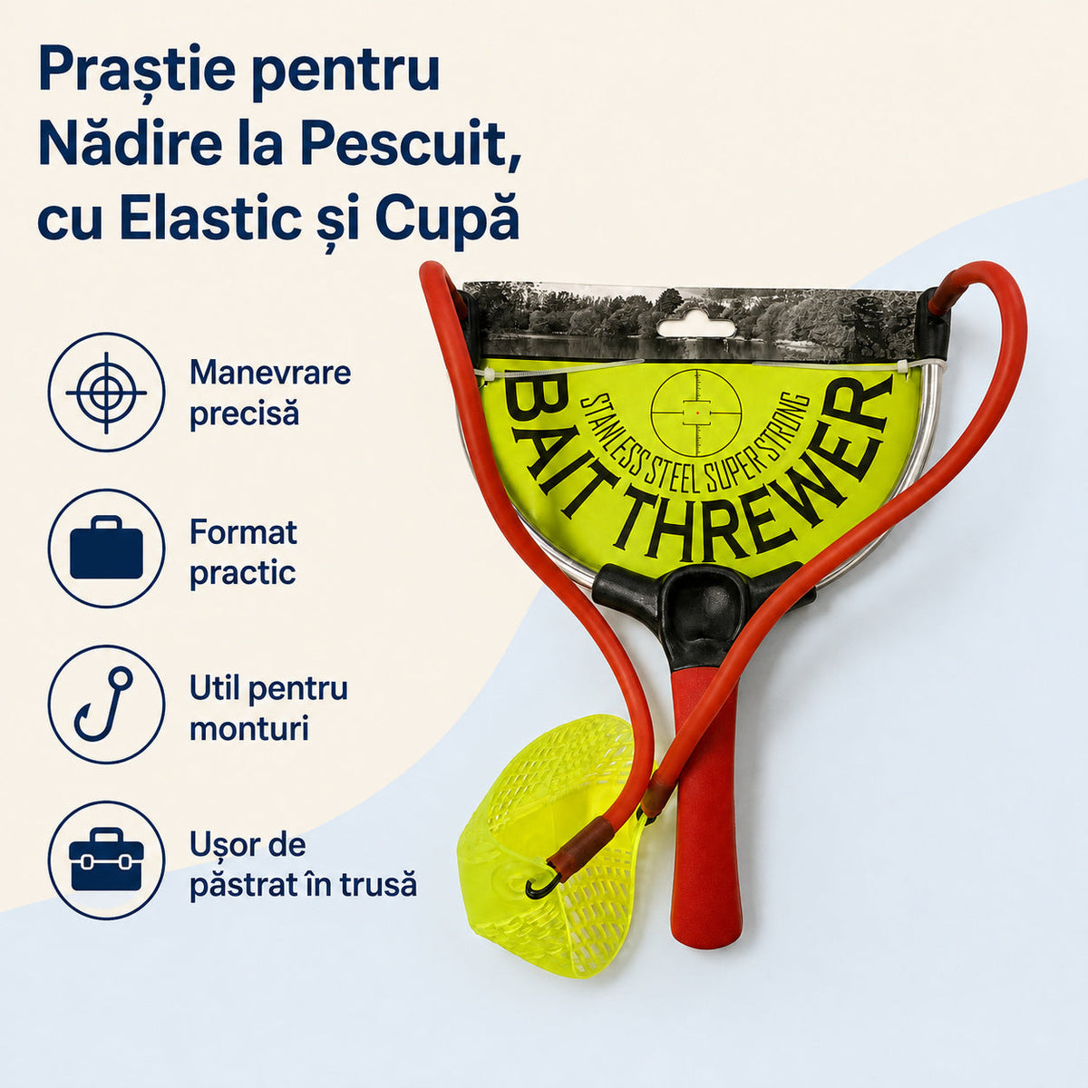 Praștie pentru Nădire la Pescuit, cu Elastic și Cupă – caracteristici și beneficii