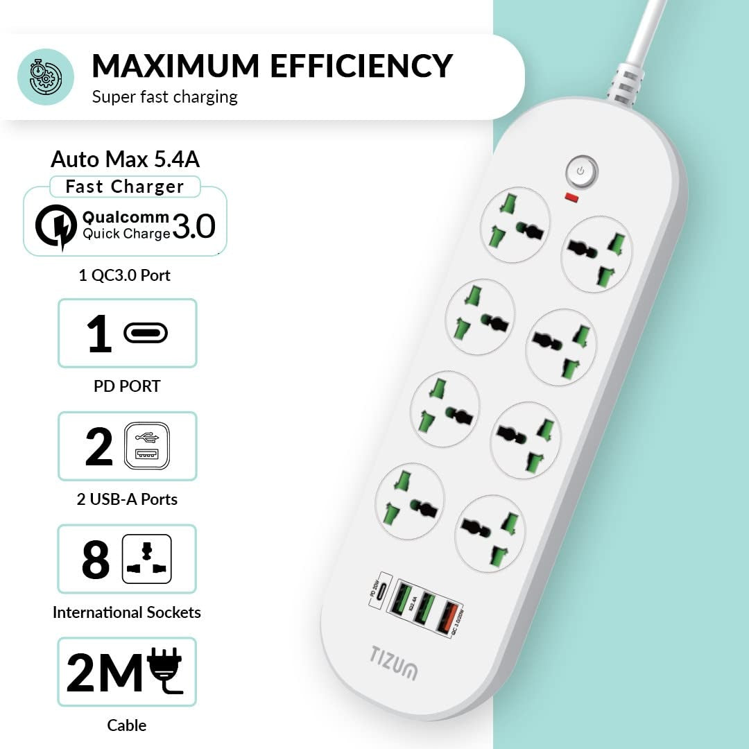 Prelungitor 2 m, 2000W, cu 8 prize, 3 USB si 1 USB tip C, buton de oprire