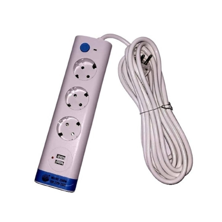Prelungitor cu 3 prize, buton ON/OFF, 2 mufe USB, lungime cablu 3m, corp neinflamabil, comutator de suprasarcina, alb