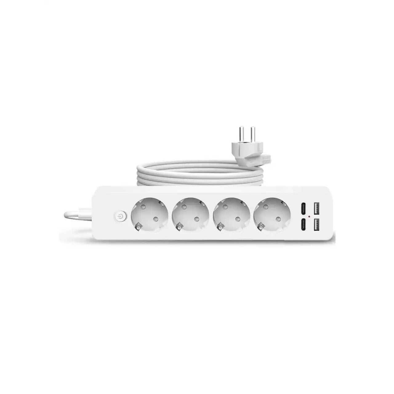 Prelungitor cu 4 prize, 2 porturi USB si 2 Type-C, lungime 2m, putere maxima 2500W, protectie ignifuga, buton ON/OFF, alb