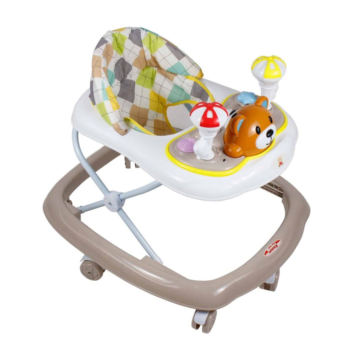 Premergator 6 luni cu scaun reglabil si 7 roti rotative 360°, alb multicolor
