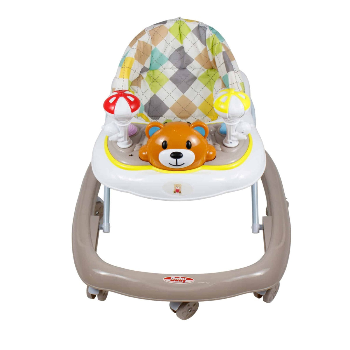 Premergator 6 luni cu scaun reglabil si 7 roti rotative 360°, alb multicolor