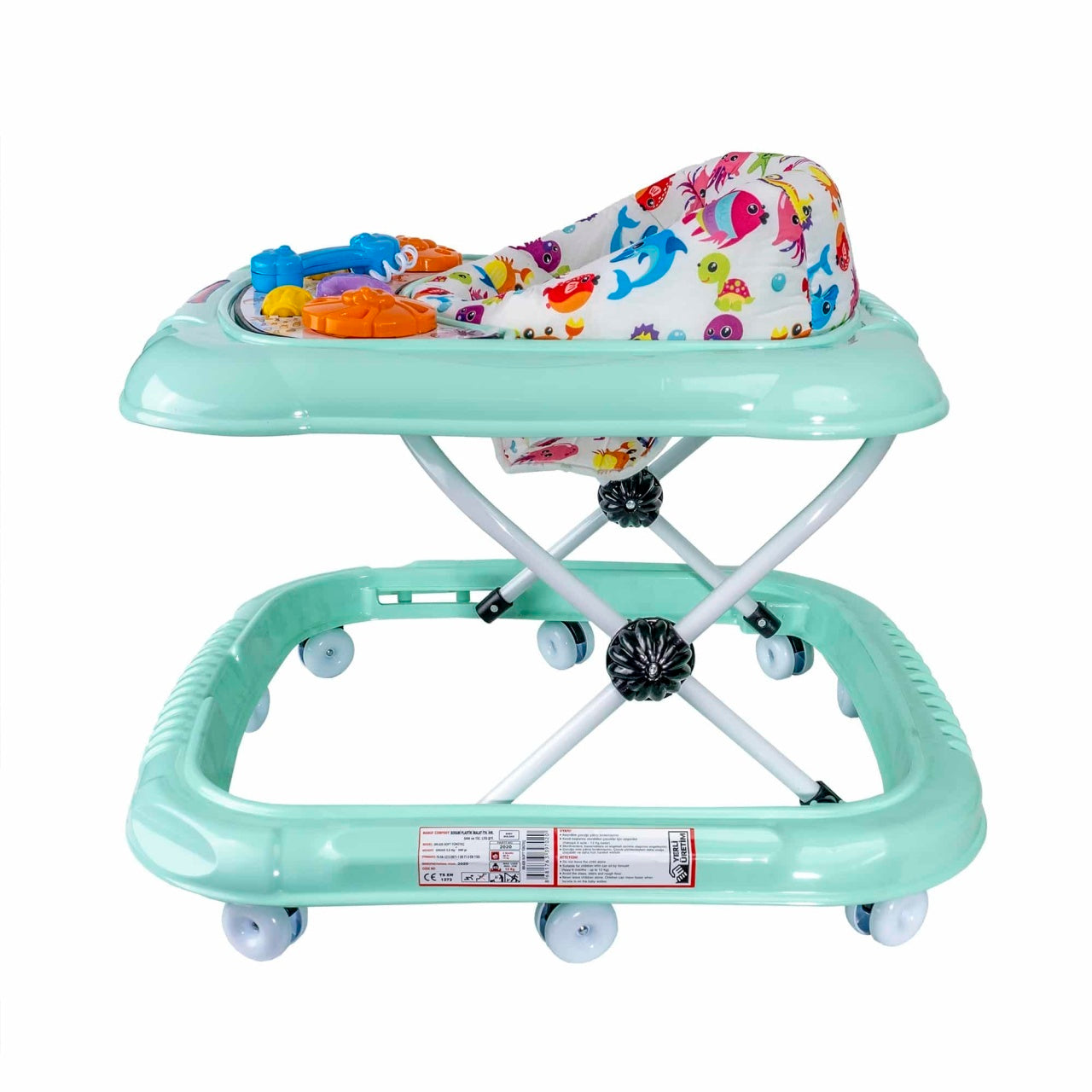 Premergator pentru bebelusi 6 luni+, scaun reglabil si 10 roti pivotante turquoize