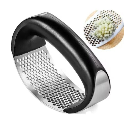 Presa usturoi manuala, din inox, cu maner ergonomic, sita curbata, negru/argintiu