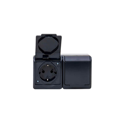 Priza dubla cu capac negru, 16A/250V, IP44, dimensiuni 130x76x50 mm