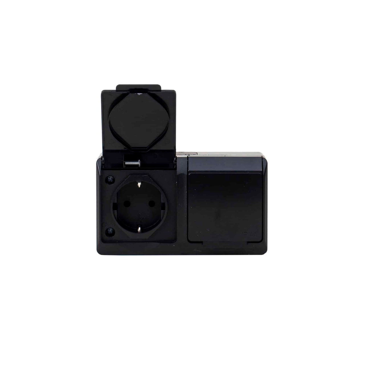 Priza dubla neagra cu capac, 16A/250V, grad protectie IP44