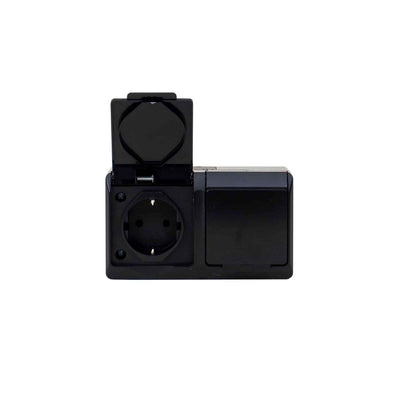 Priza dubla neagra cu capac, 16A/250V, grad protectie IP44