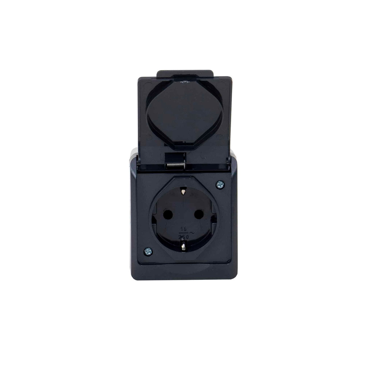Priza simpla cu capac negru, 16A/250V, grad de protectie IP44