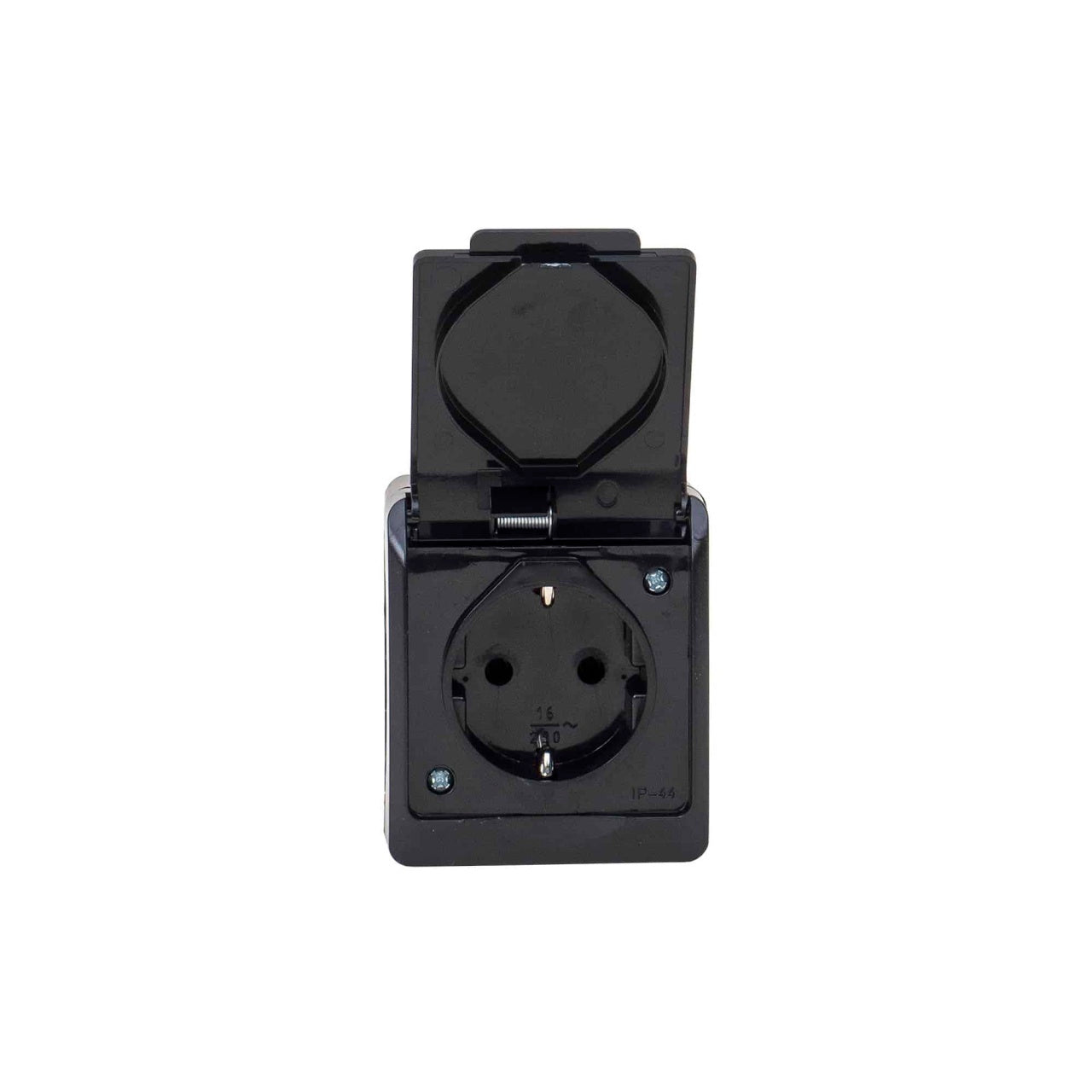 Priza simpla neagra cu capac, 16A/250V, IP44, dimensiuni 65x76x50 mm