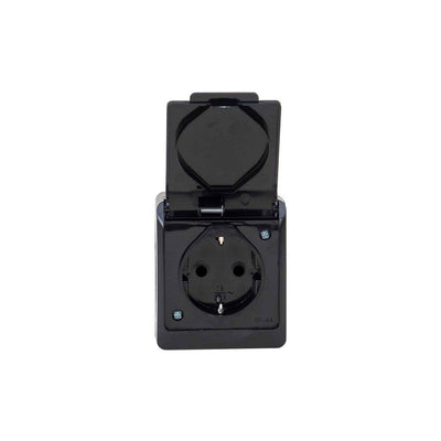Priza simpla neagra cu capac, 16A/250V, IP44, dimensiuni 65x76x50 mm