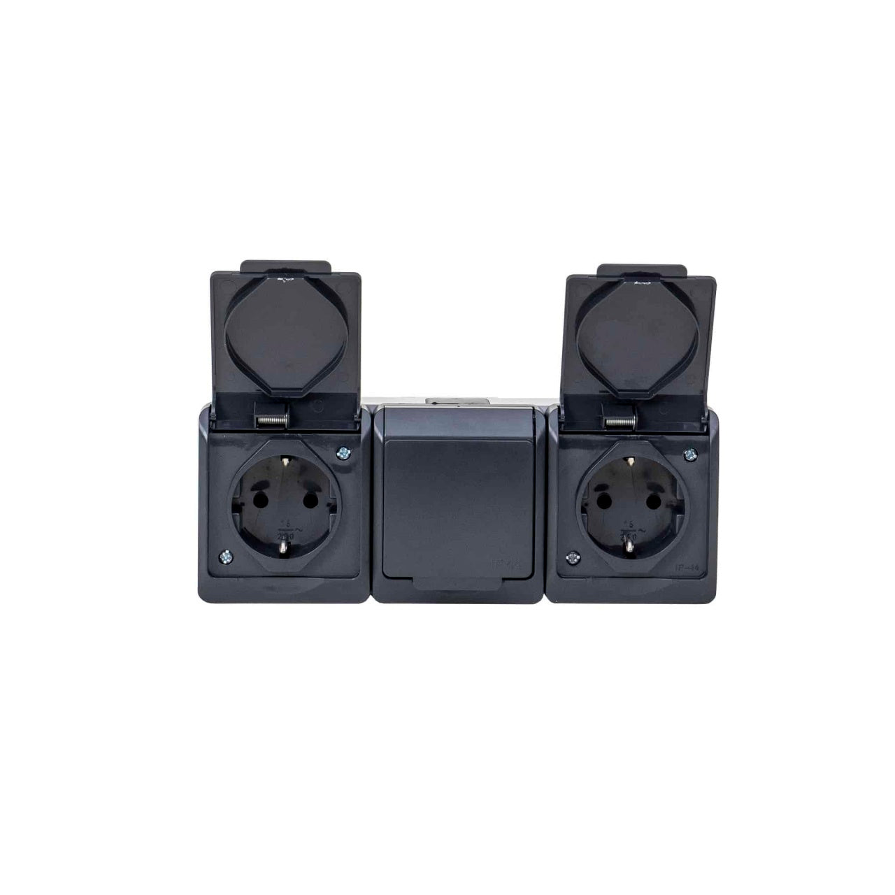 Priza tripla cu capac negru, 16A/250V, protectie IP44, 3 locasuri