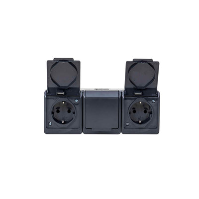 Priza tripla cu capac negru, 16A/250V, protectie IP44, 3 locasuri