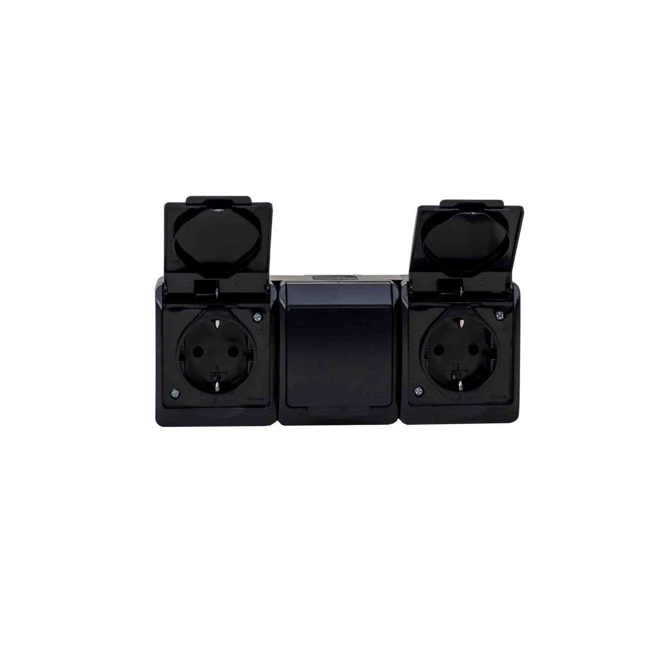 Priza tripla neagra cu capac, 16A/250V, IP44, dimensiuni 200x76x50 mm